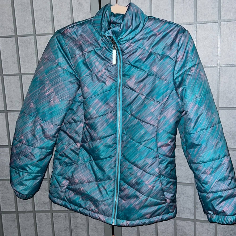 Medium weight mock neck zippered teal/purple/pink jacket GUC